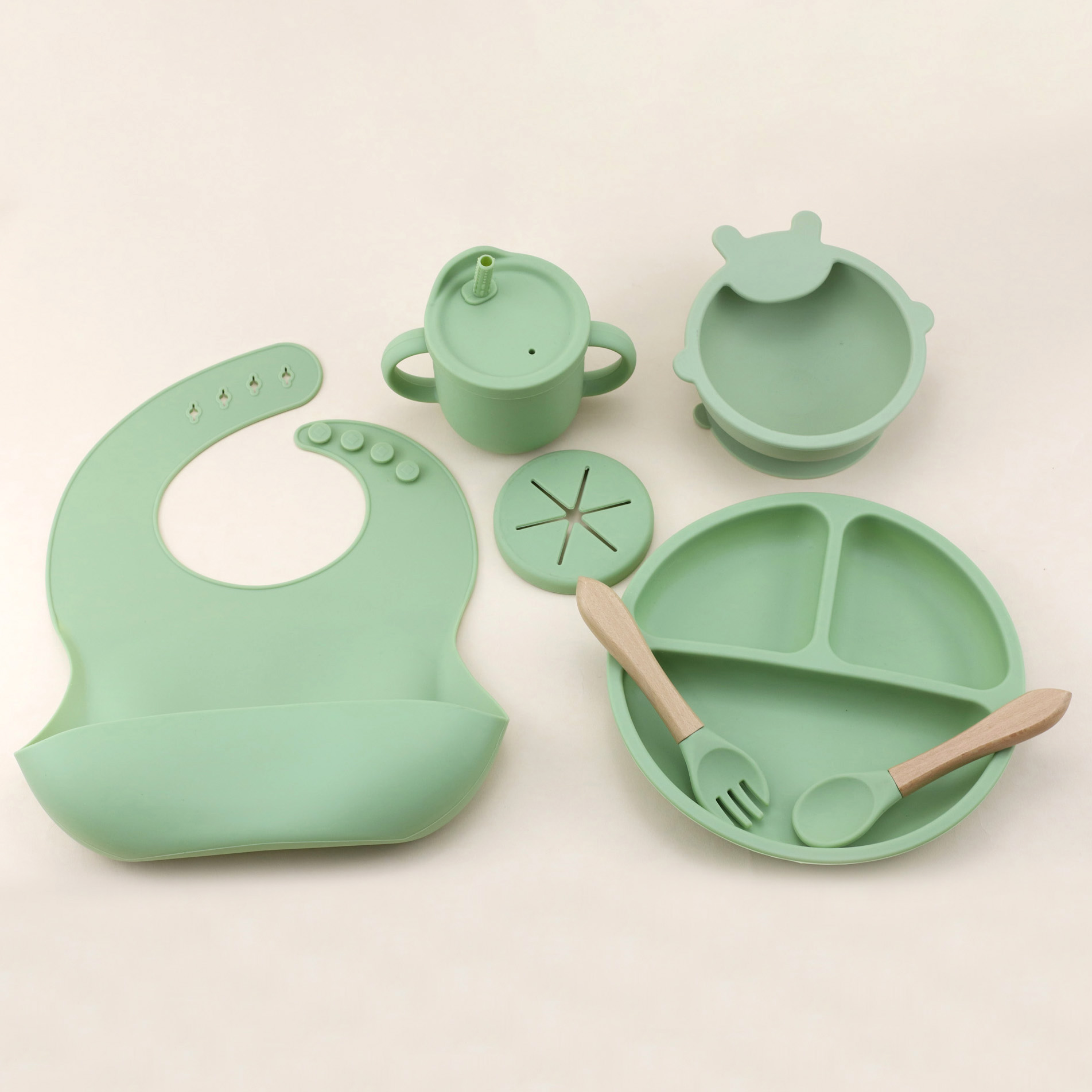Silicone Suction Bowl - 7pcs silicone tableware set, baby bib,